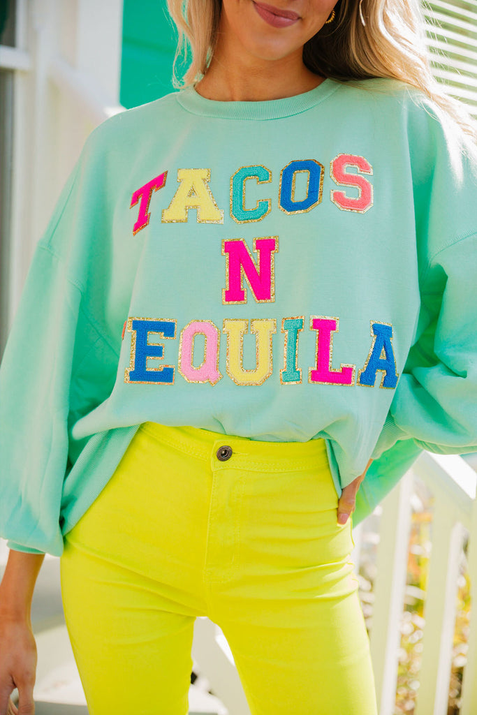 Mint cropped pullover with Tacos N Tequila in rainbow terry letters