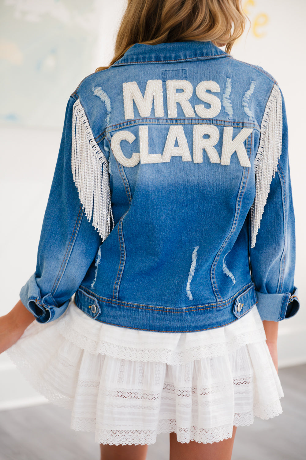 JM CUSTOM DENIM JACKET Custom Judith March SMALL DISTRESSED LIGHT WASH