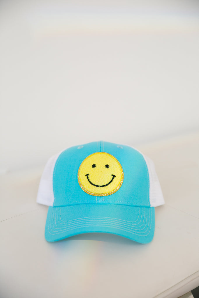 YELLOW SMILEY PATCH HAT Hats Judith March TURQUOISE /WHITE STRUCTURED  