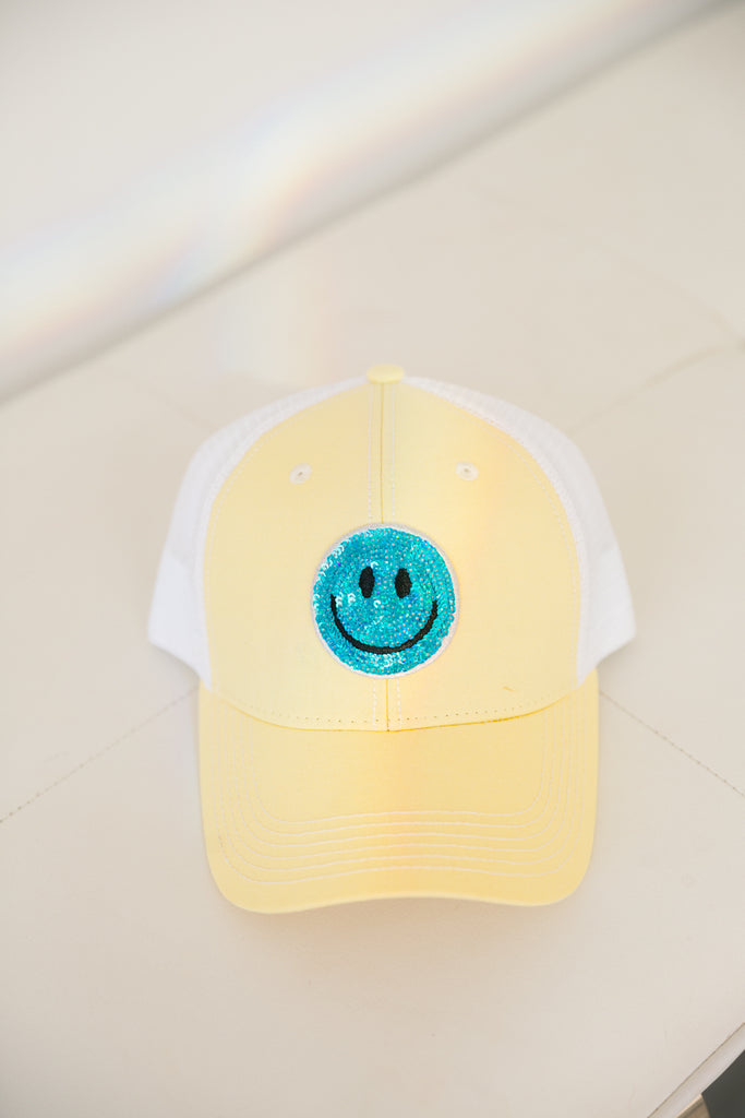 SEQUIN SMILEY PATCH HAT HAT Judith March YELLOW STRUCTURED - TURQUOISE SMILEY  