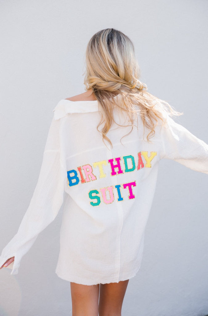 White button down with Birthday Suit in alternating rainbow terry letters