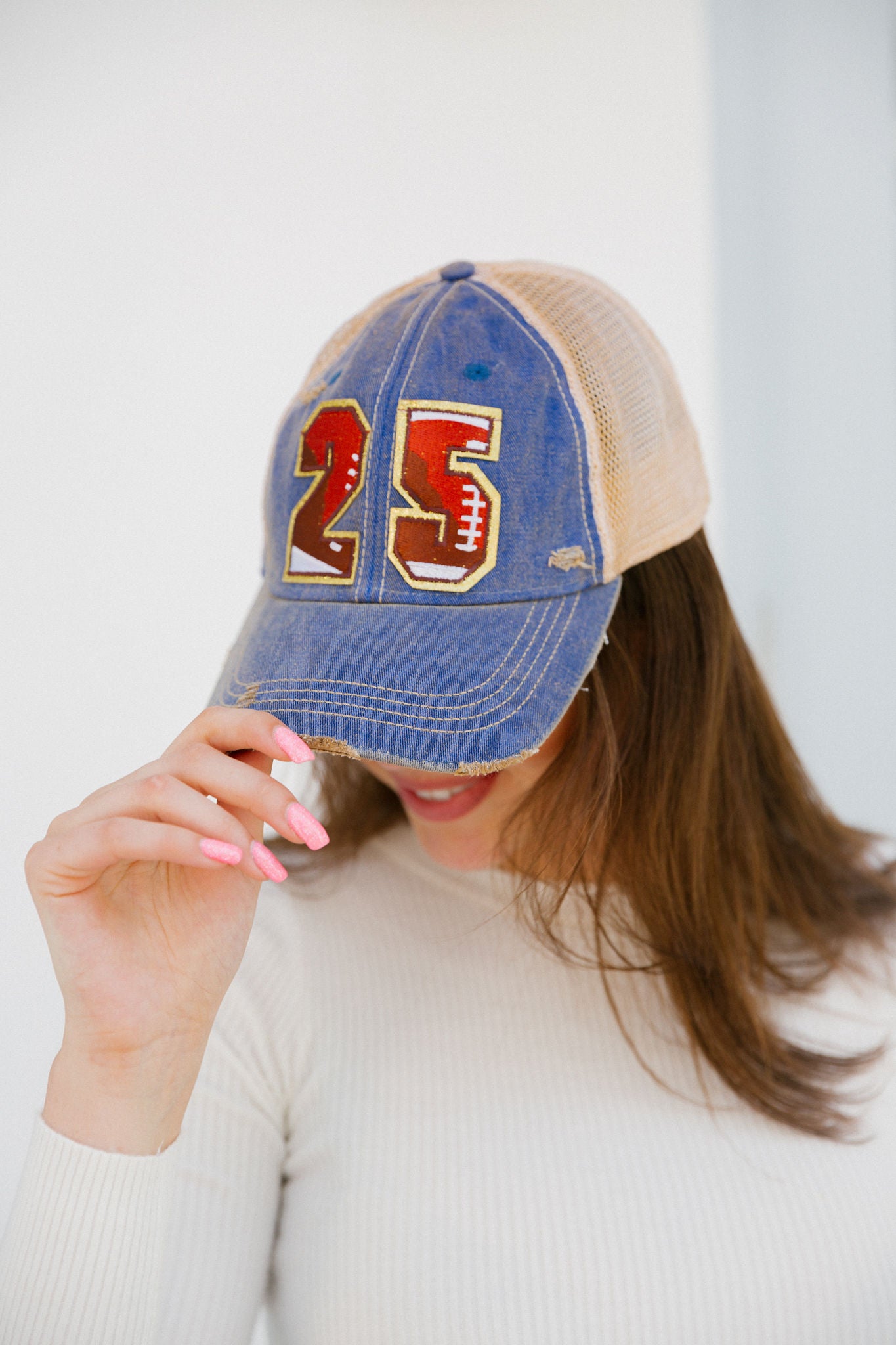 CUSTOM FOOTBALL NUMBER PATCH HAT Hats Judith March DENIM DISTRESSED  