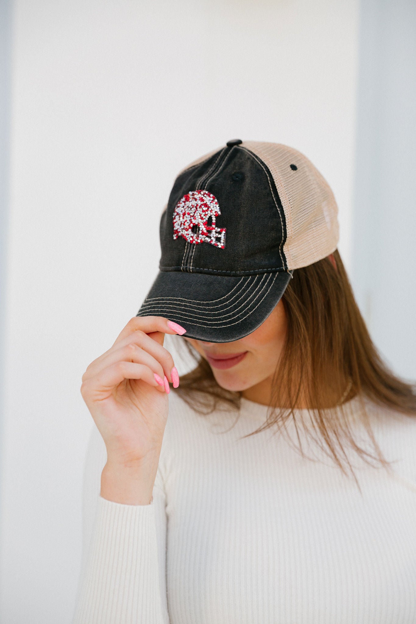black woman wearing a football helmet Custom Football Helmet Patch Hat-red On Red Distressed