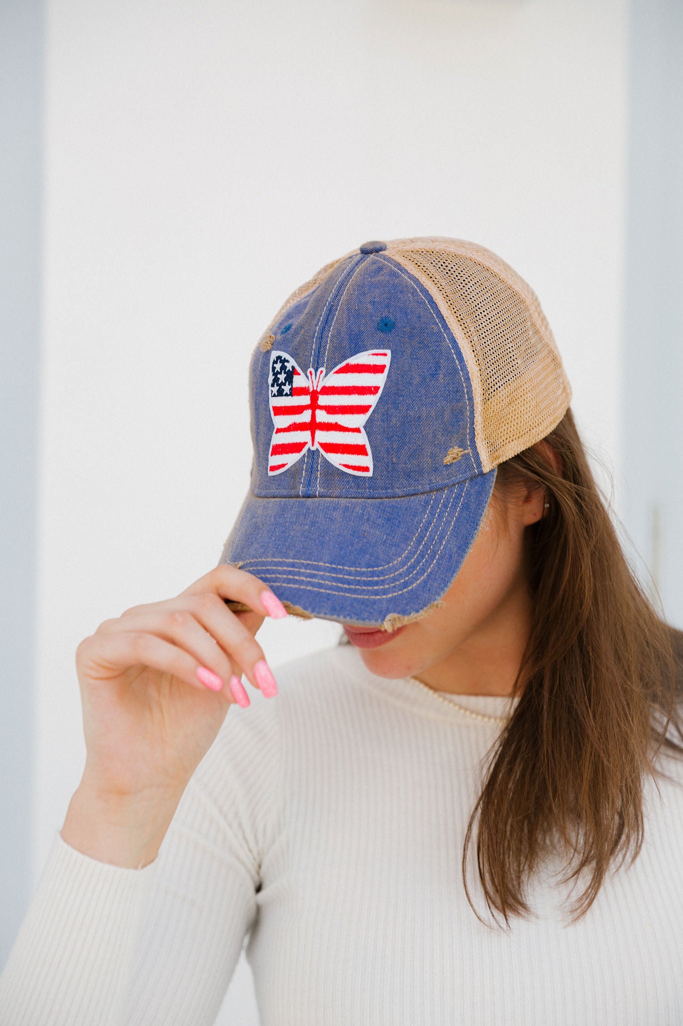 AMERICAN BUTTERFLY PATCH HAT HAT Judith March DENIM DISTRESSED  