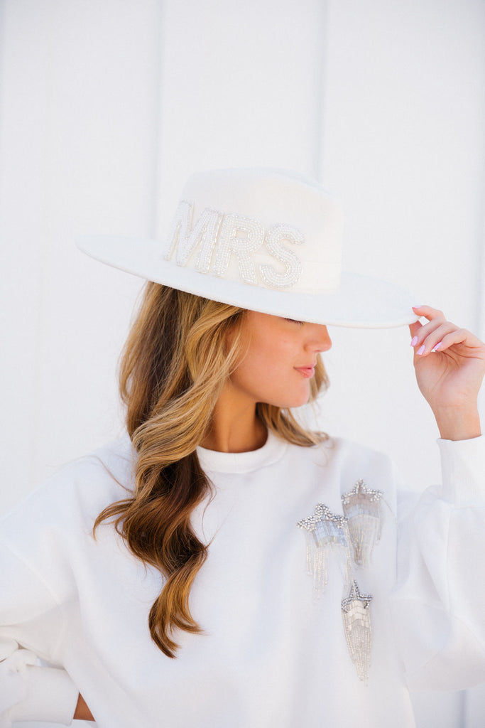 Ivory rancher hat with white beaded "mrs" letters