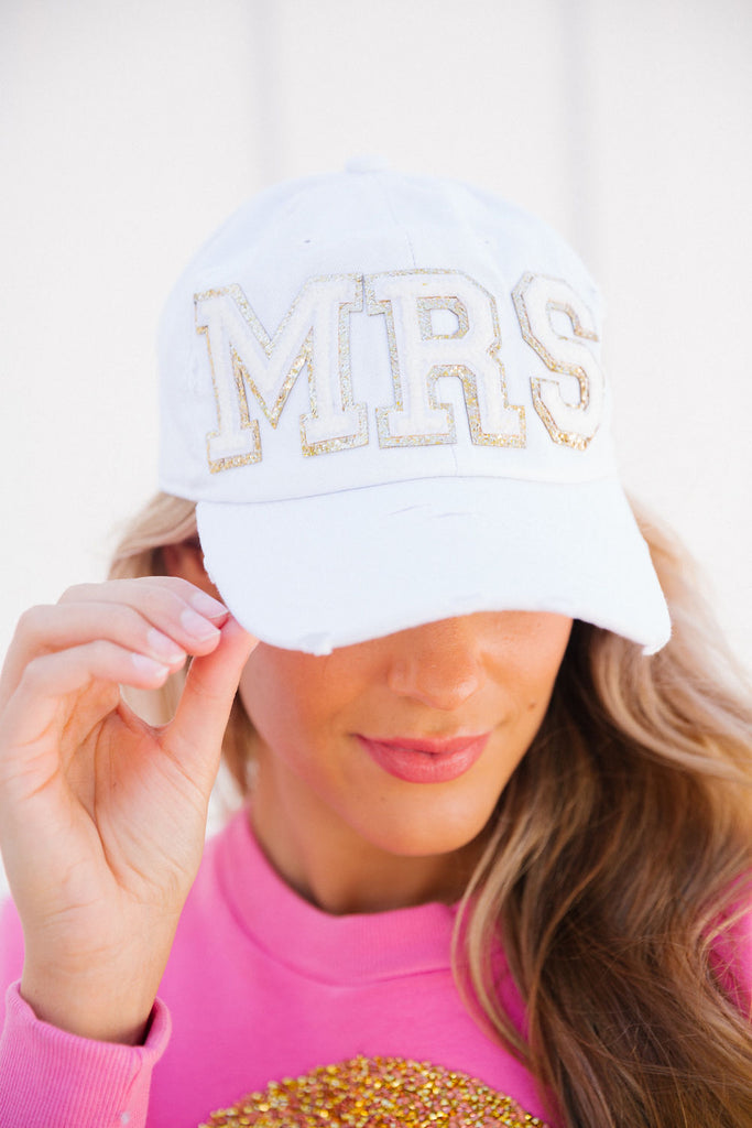 White distressed baseball hat with white glam "mrs" letters