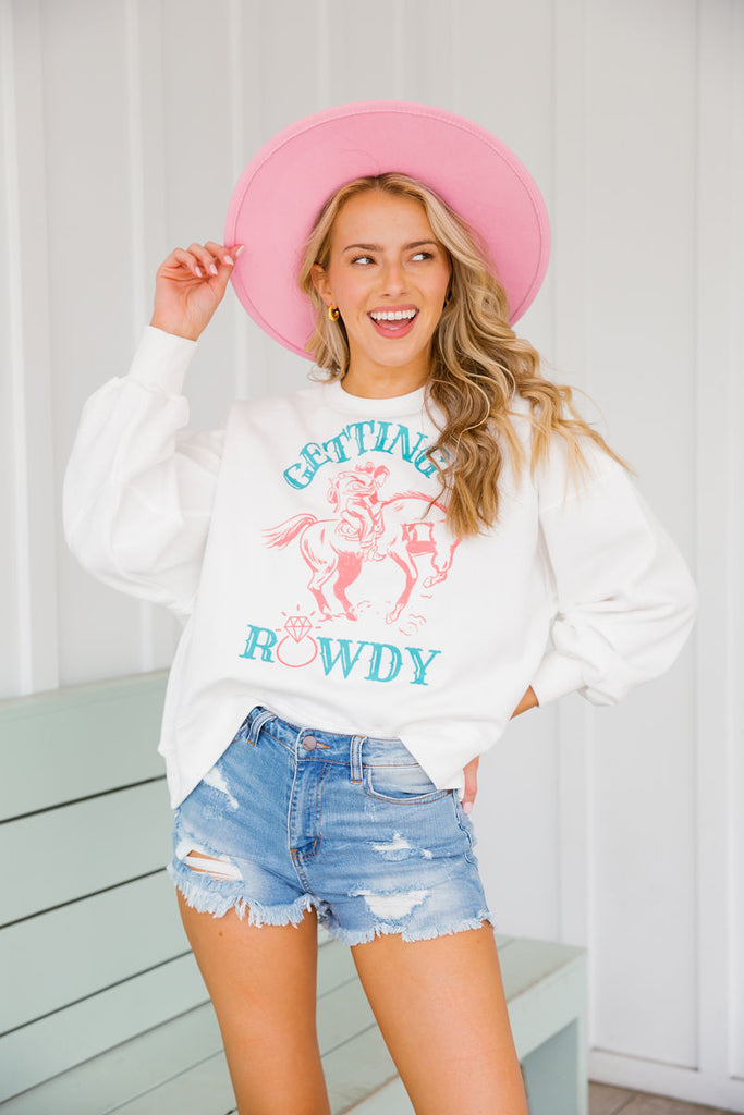GETTIN ROWDY BRONCO IVORY PULLOVER