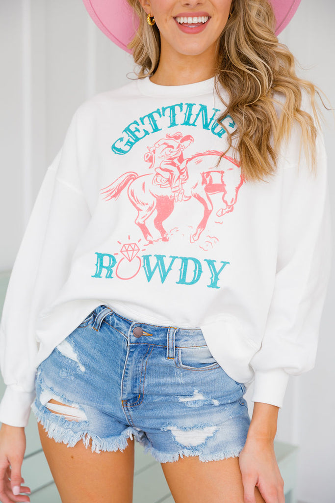 White cropped pullover with "gettin rowdy" print