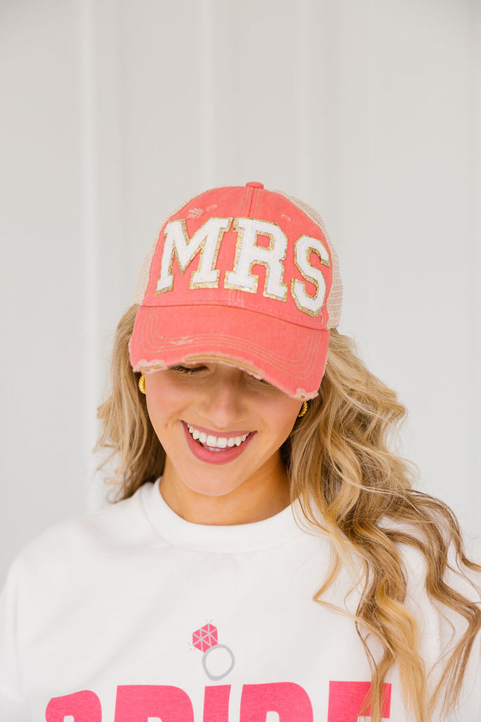 Coral distressed baseball hat with white glam "mrs" letters