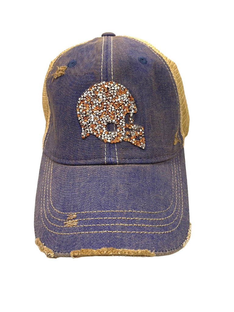 CUSTOM FOOTBALL HELMET PATCH HAT Hats Judith March DENIM -  ORANGE HELMET  