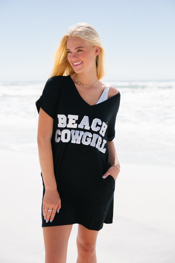 Black t-shirt dress with Beach Cowgirl in silver sparkle letters