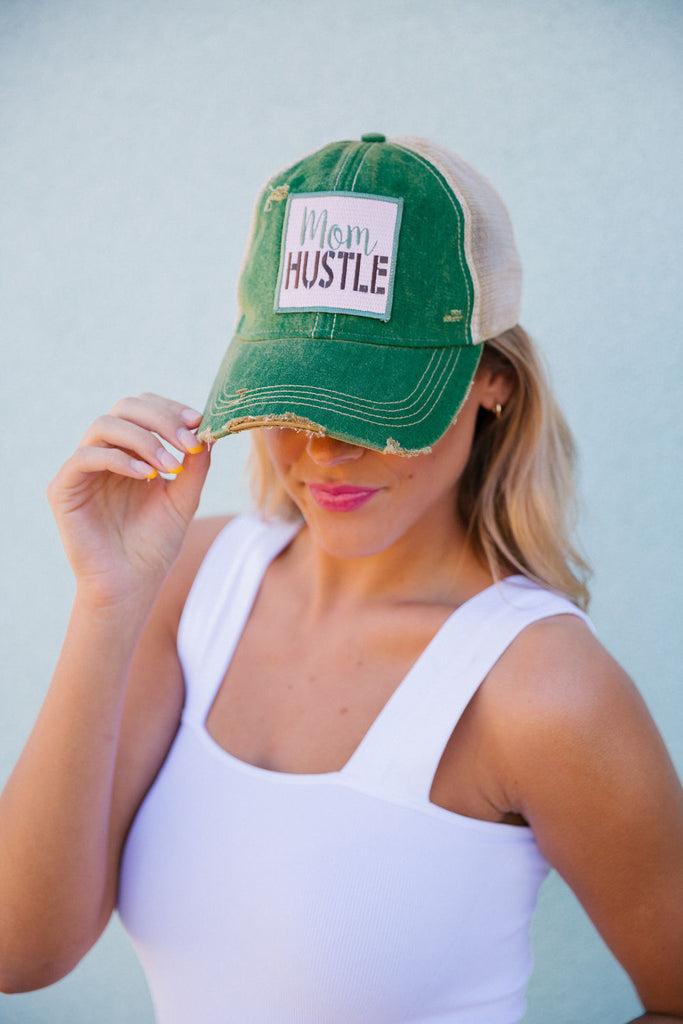 MOM HUSTLE PATCH HAT Hats Judith March GREEN DISTRESSED  