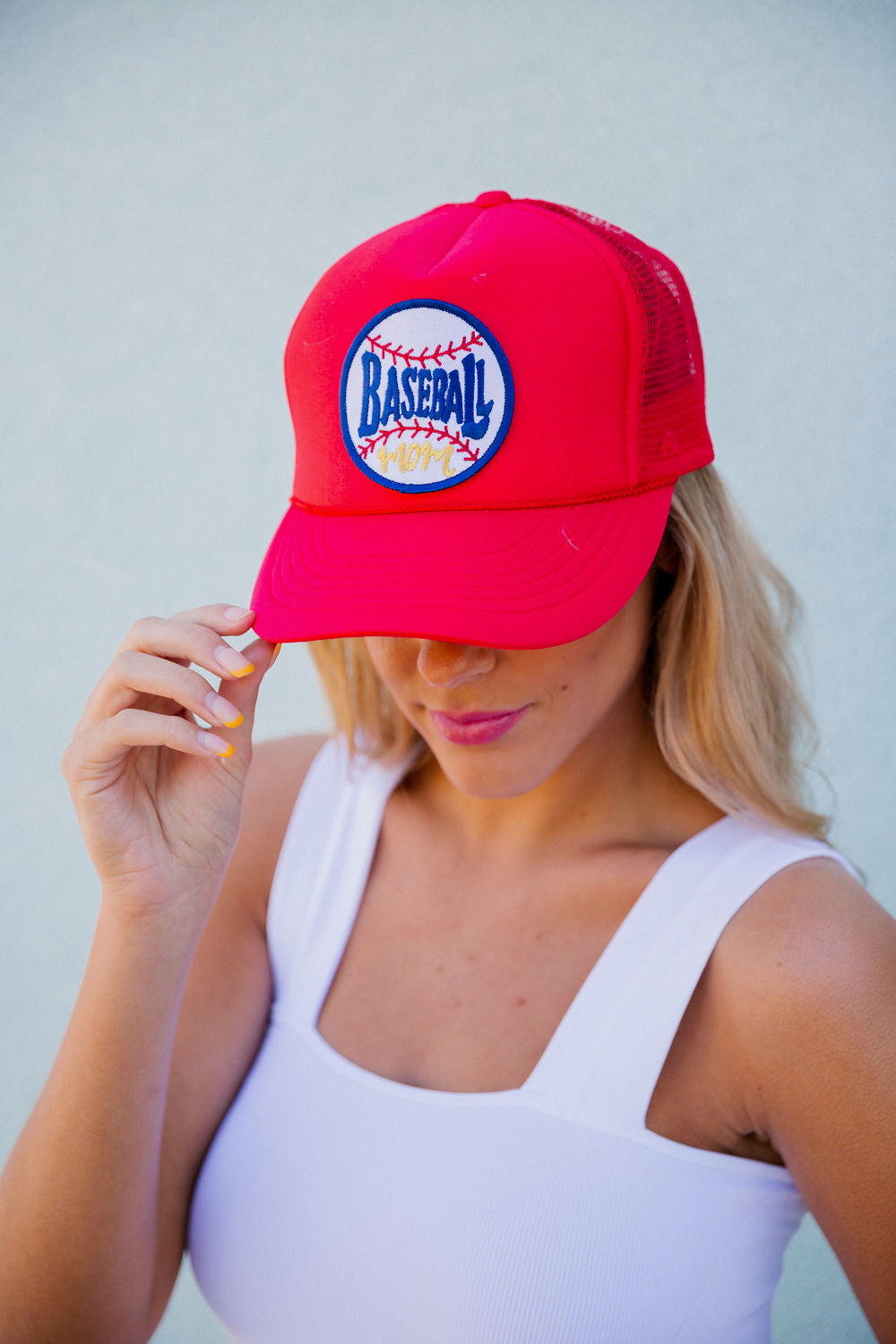 BASEBALL MOM ROUND PATCH HAT Hats Judith March RED TRUCKER  