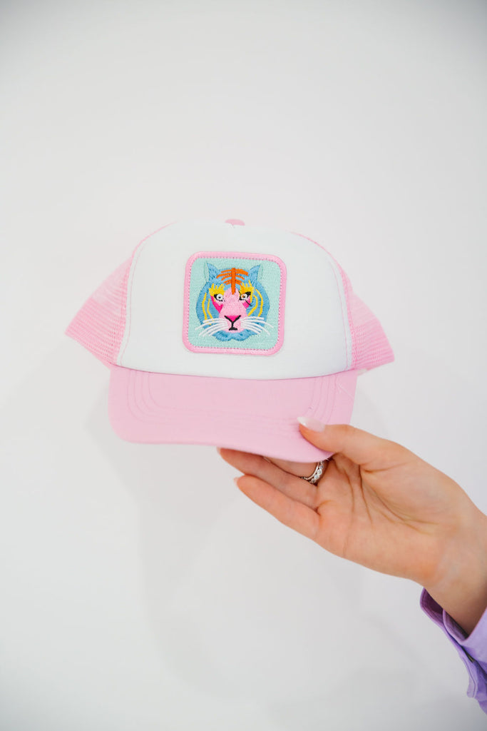 Kids pink and white trucker with colorful tiger patch. 