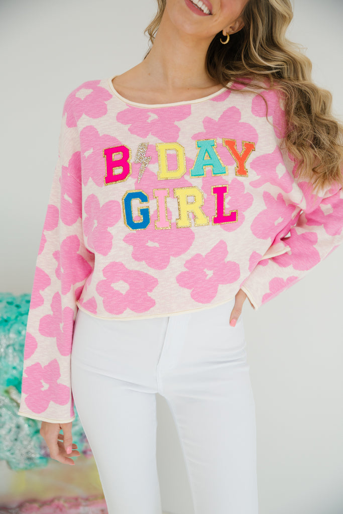 Pink floral sweater B-Day Girl in rainbow terry letters with a lightning bolt patch