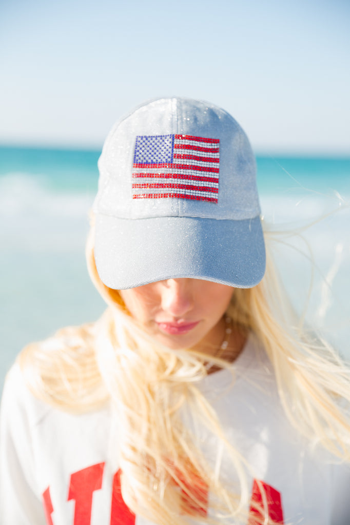 Silver sparkle baseball hat with American flag