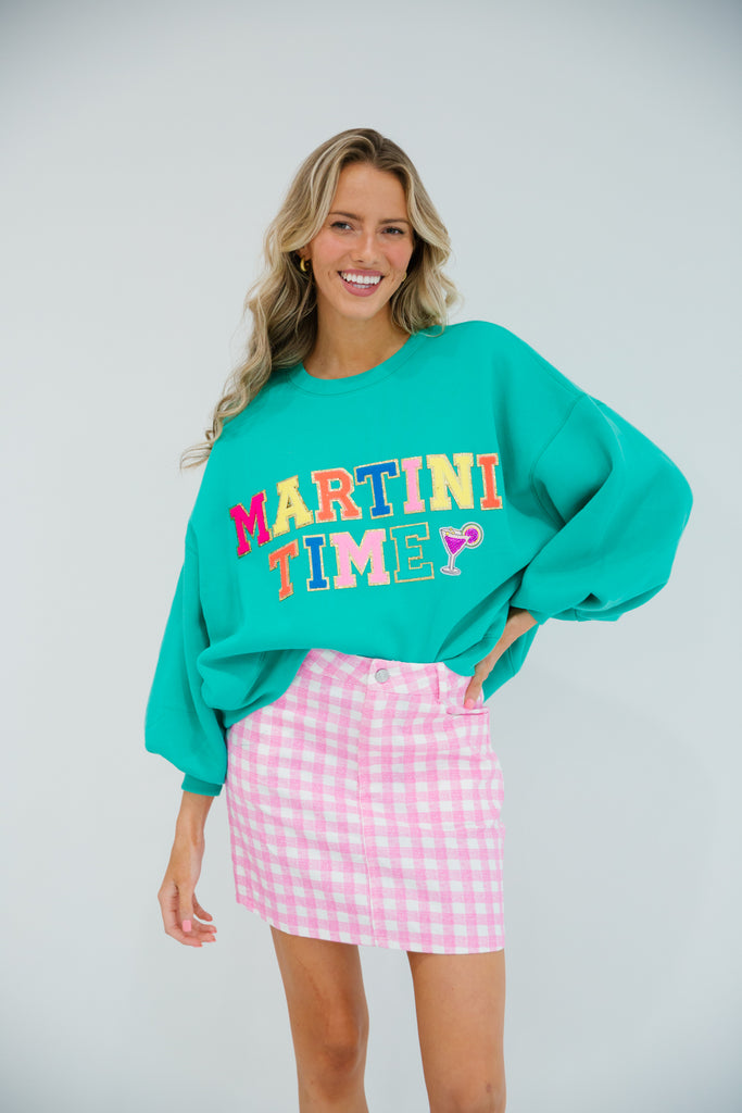 Teal cropped pullover with Martini Time in colorful terry letters and a margarita patch