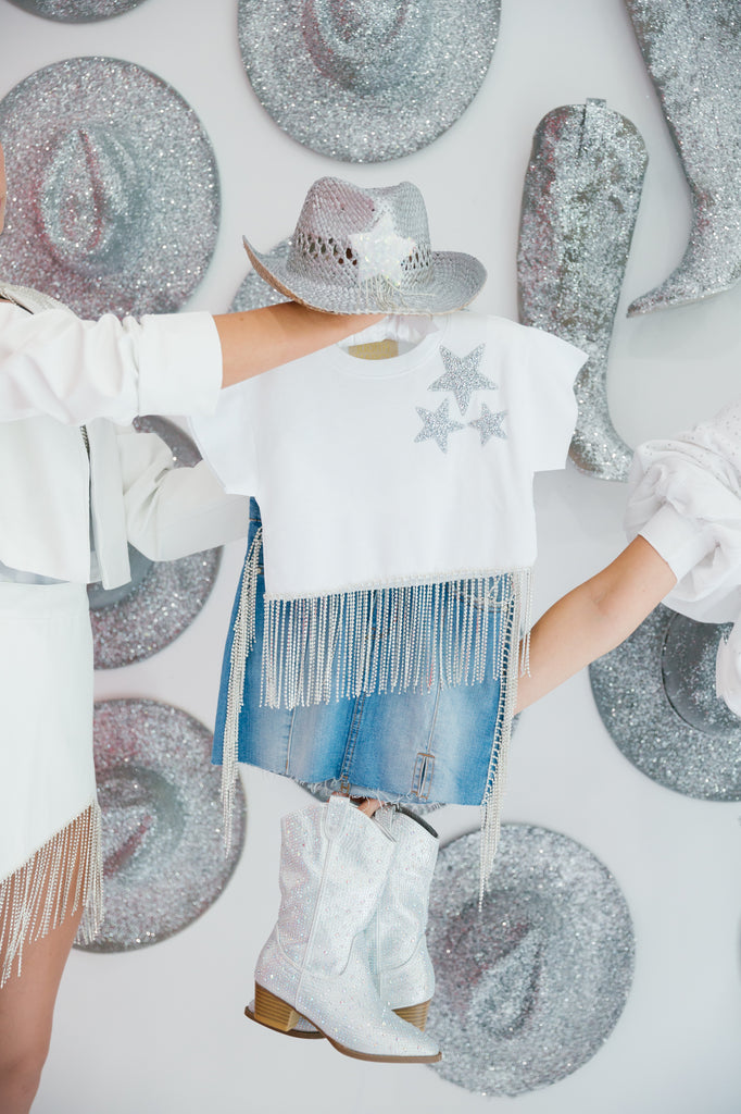 Denim skirt with diamond fringe 