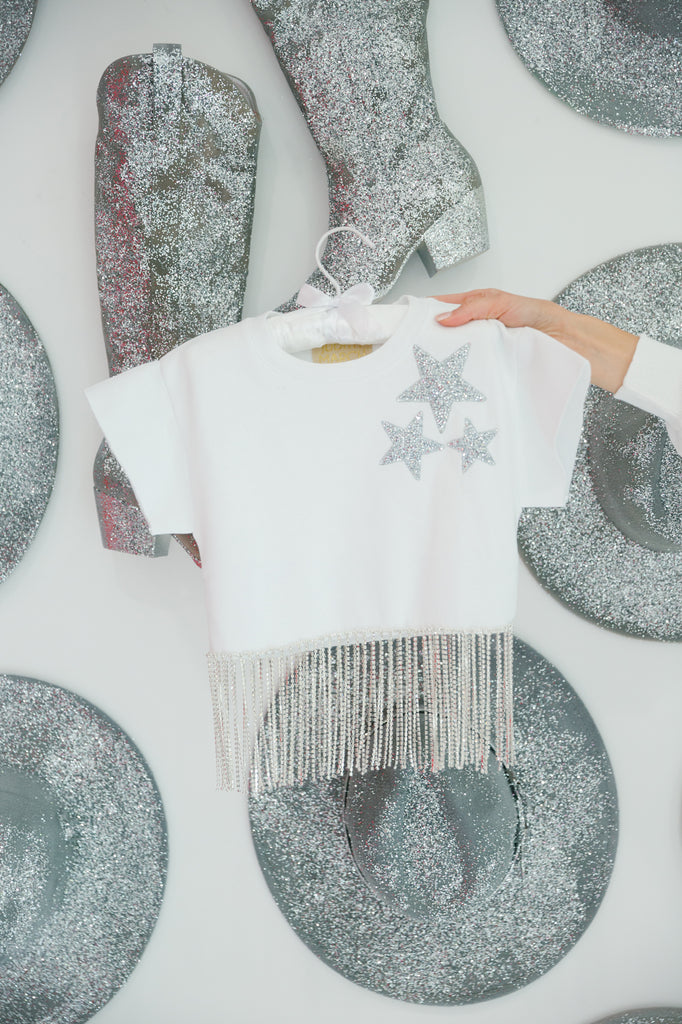 White tee with silver sequin stars and diamond fringe 