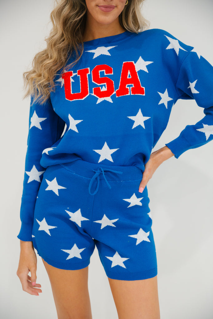 Blue lounge set with red USA letters and white stars