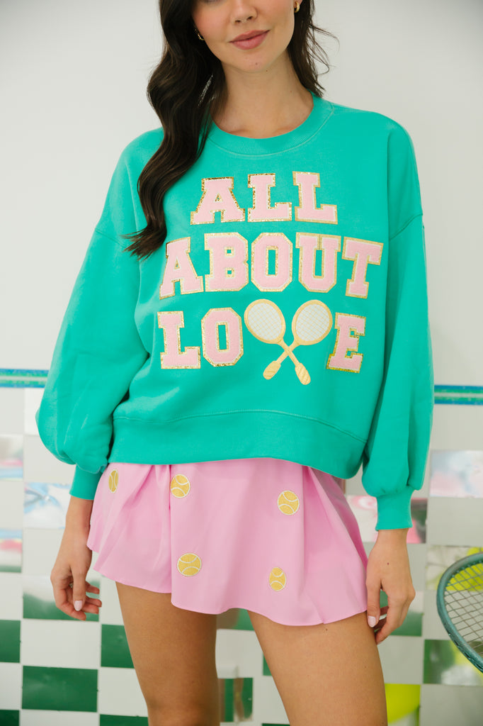 Mint cropped pullover All About Love in pink glam with tennis rackets patch