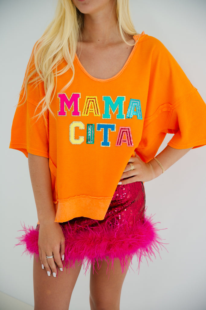 Orange waffle tee with Mamacita in colorful and sequin letters