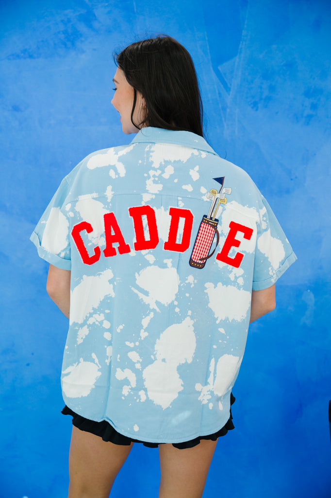 Blue and white tie dye button down with "caddie" in red varsity lettering and golf patch. 