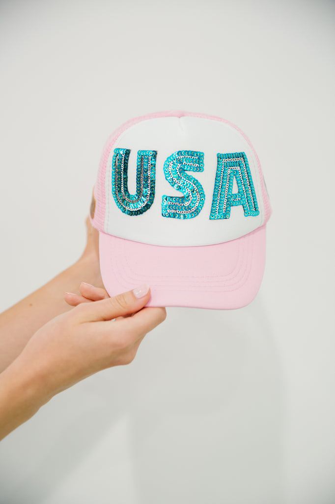 MINI KIDS USA SEQUIN TRUCKER HAT TRUCKER HAT Judith March PINK AND WHITE  