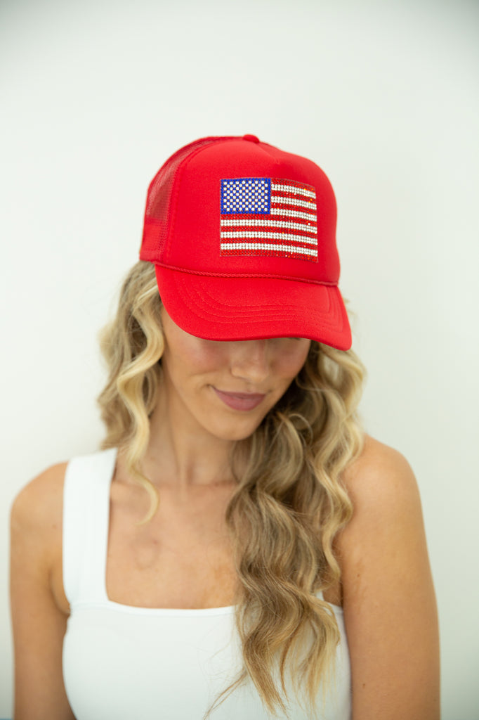 Red trucker hat with American flag