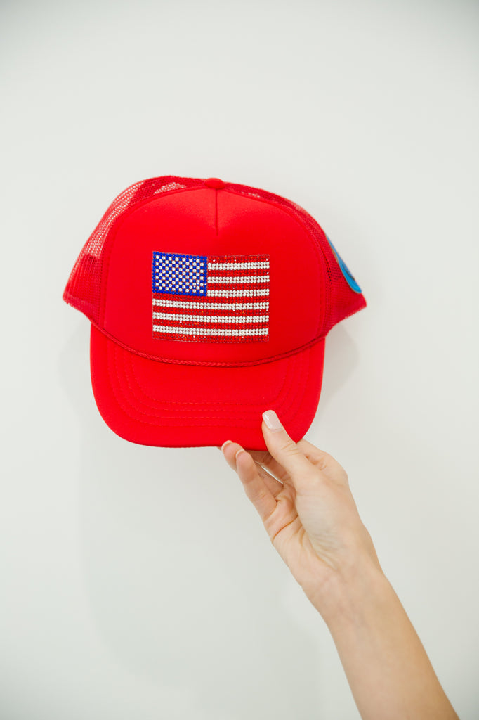 Kids red trucker hat with an American flag