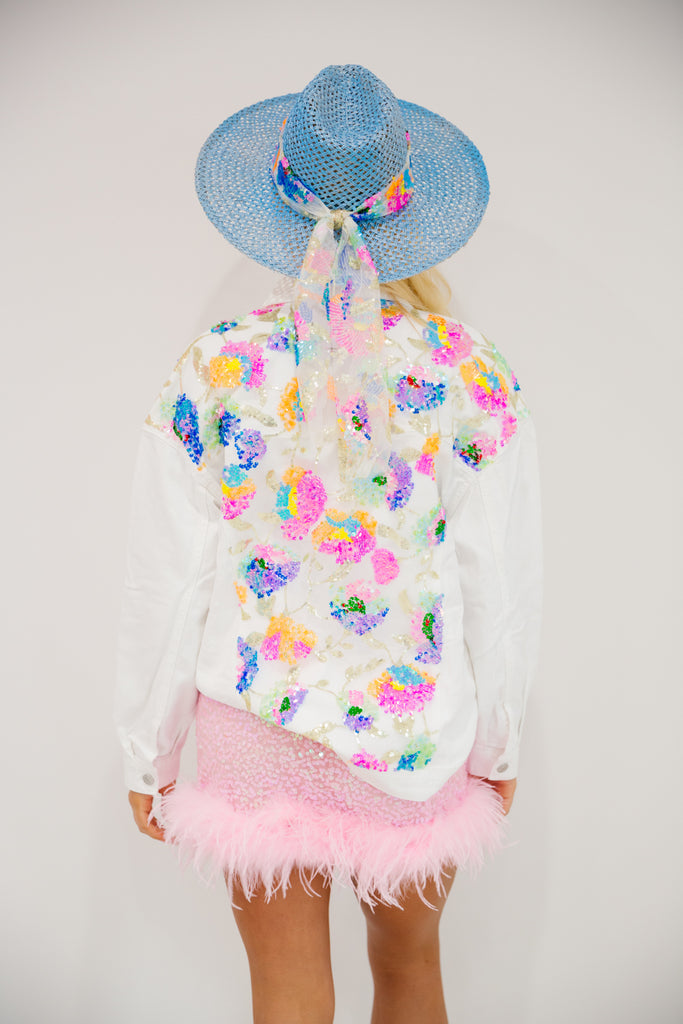 White denim jacket with colorful sequin lace 