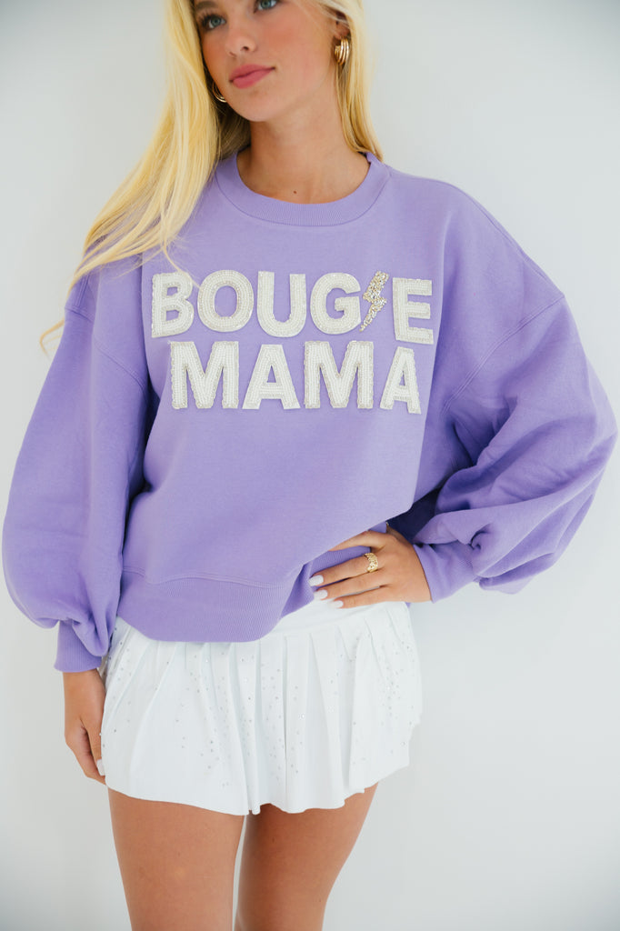 Purple pullover with "boujee mama" in white beaded lettering and a rhinestone lightening bolt patch. 