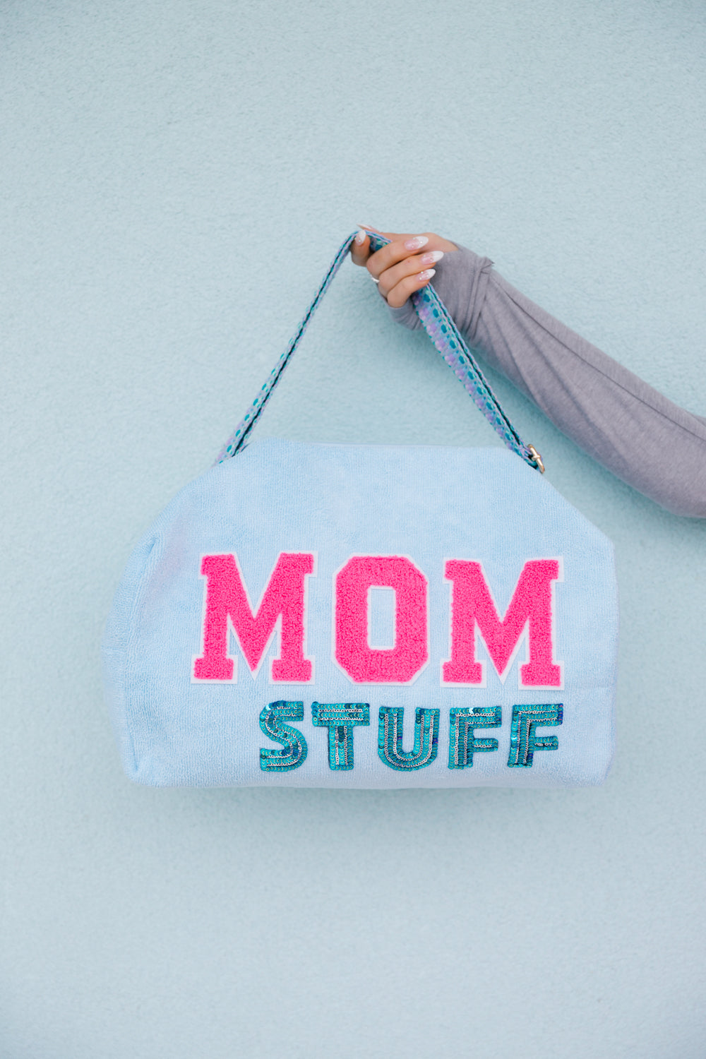 MOM STUFF LARGE BLUE TERRY CLOTH BAG  Judith March   