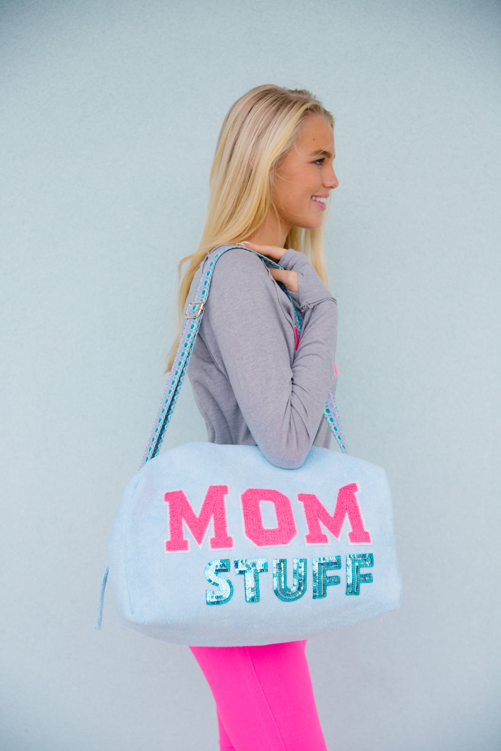 MOM STUFF LARGE BLUE TERRY CLOTH BAG  Judith March   