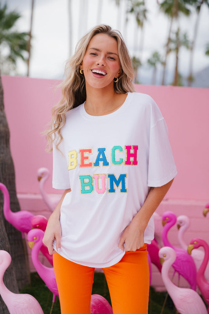 White t-shirt with Beach Bum in multicolor terry letters