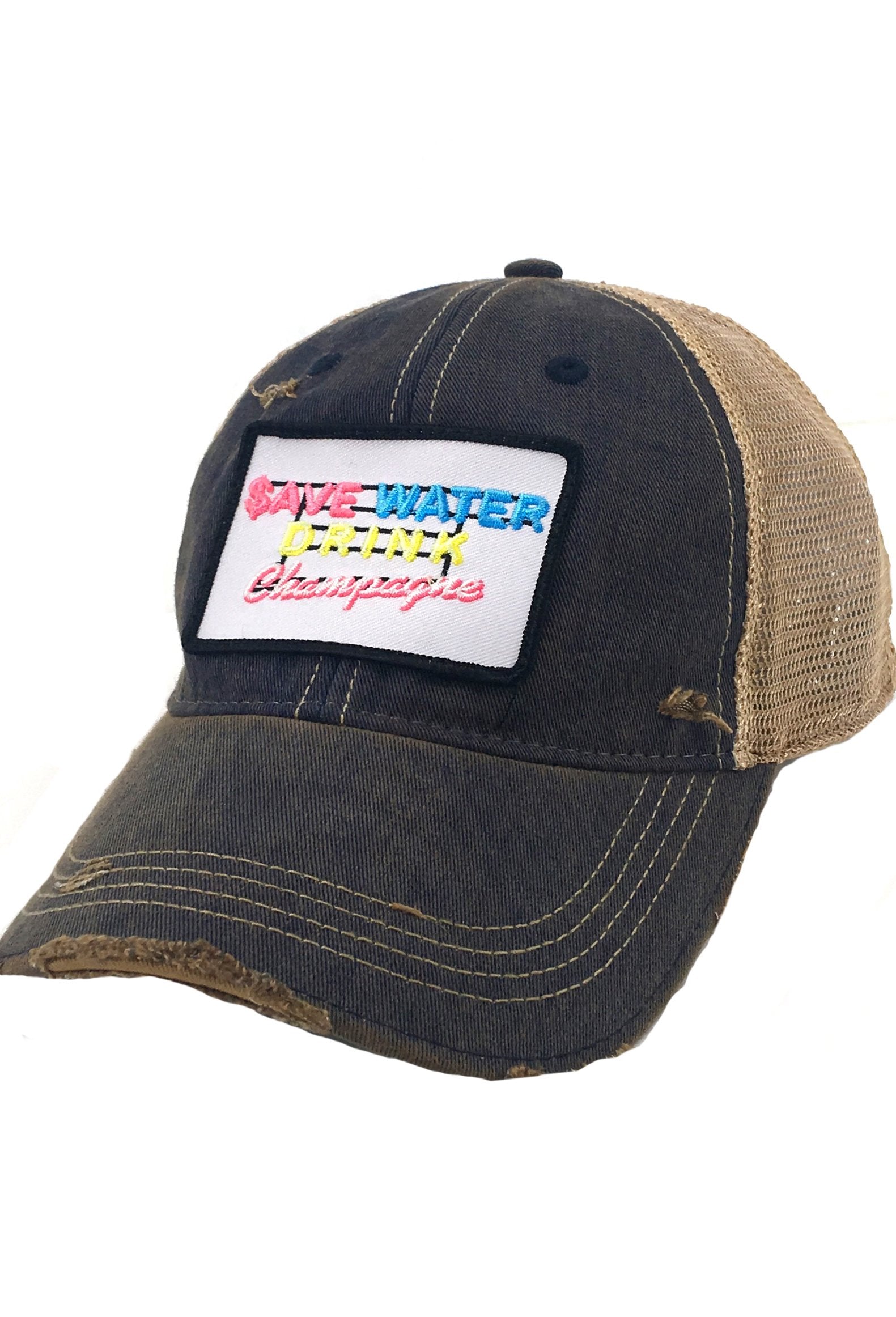SAVE WATER DRINK CHAMPAGNE PATCH HAT Hats Judith March BLACK DISTRESSED