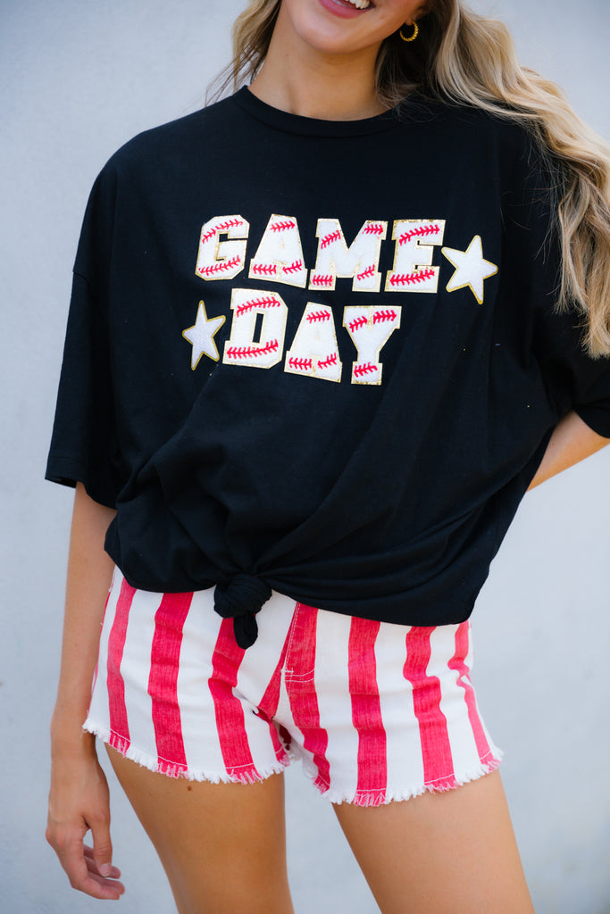Black tee with Game Day baseball letters and white stars
