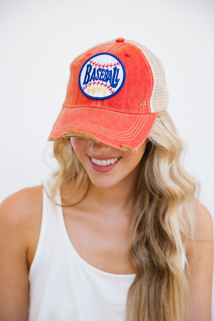 BASEBALL MOM ROUND PATCH HAT Hats Judith March RED DISTRESSED  