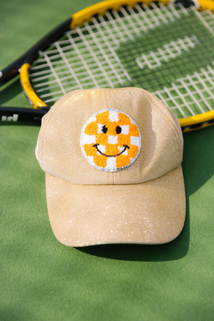 ORANGE AND WHITE SMILEY GOLD PATCH HAT HAT Judith March   