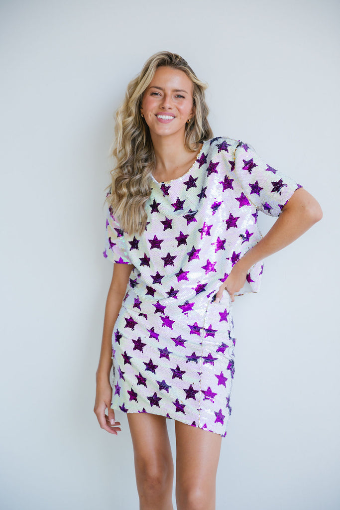IVORY SEQUIN SKIRT AND TOP WITH PURPLE STARS