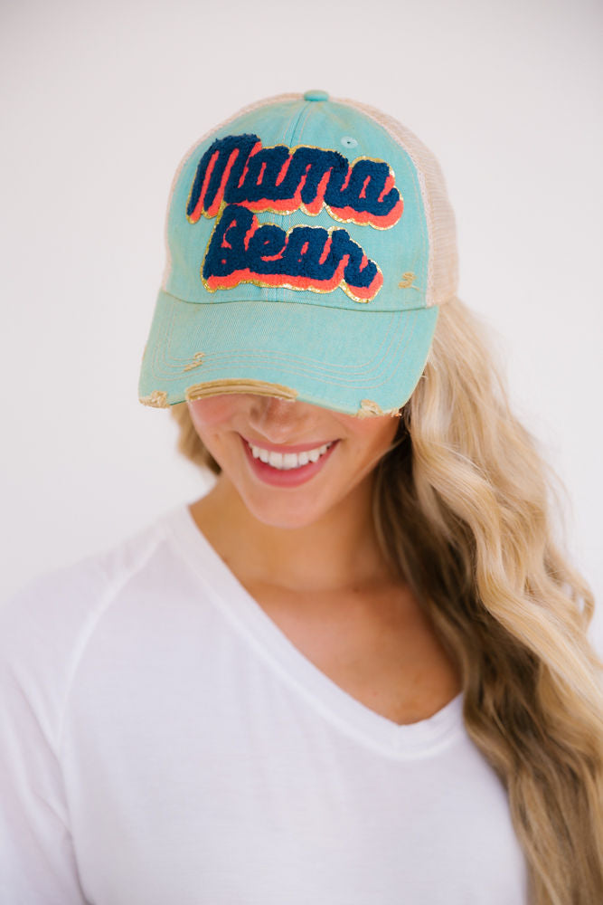 MAMA BEAR GOLD TRIM PATCH HAT Hats Judith March SEAFOAM  