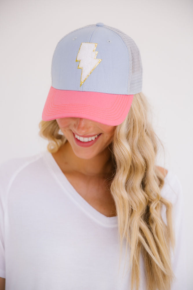 PINK LIGHTNING BOLT PATCH HAT ACCESSORIES Judith March COLOR BLOCK GREY/MELON STRUCTURED  