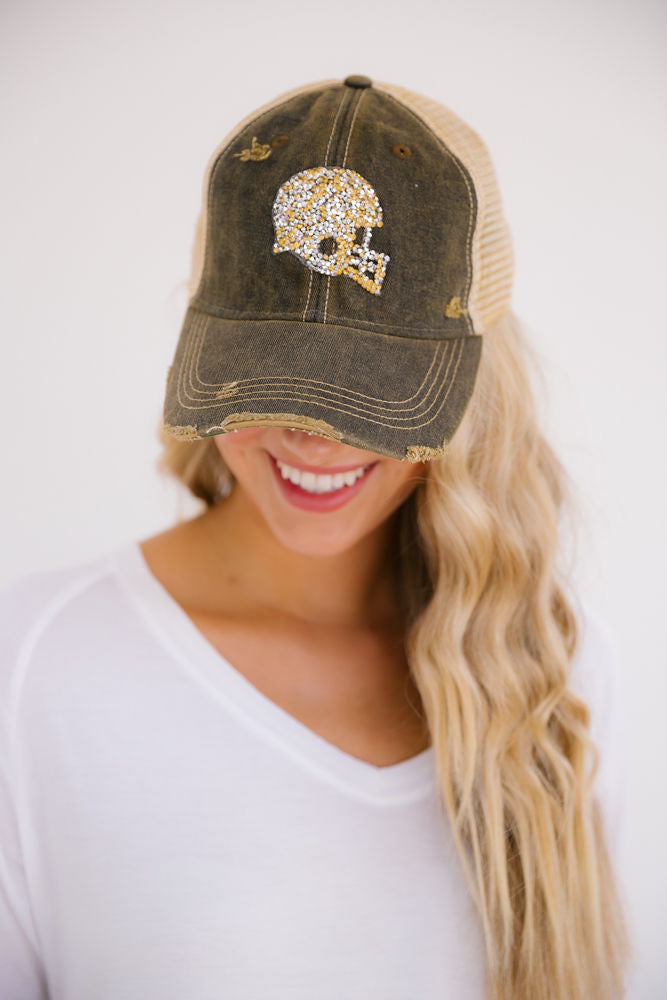 CUSTOM FOOTBALL HELMET PATCH HAT Hats Judith March BLACK - GOLD HELMET  