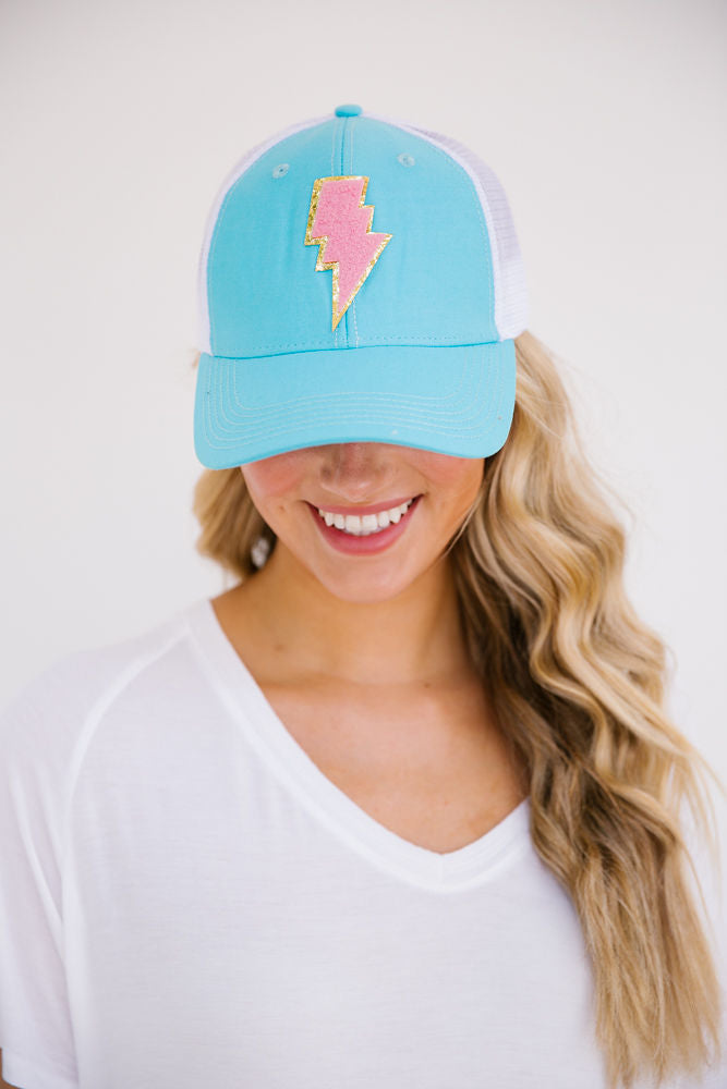 PINK LIGHTNING BOLT PATCH HAT ACCESSORIES Judith March TURQUOISE STRUCTURED  