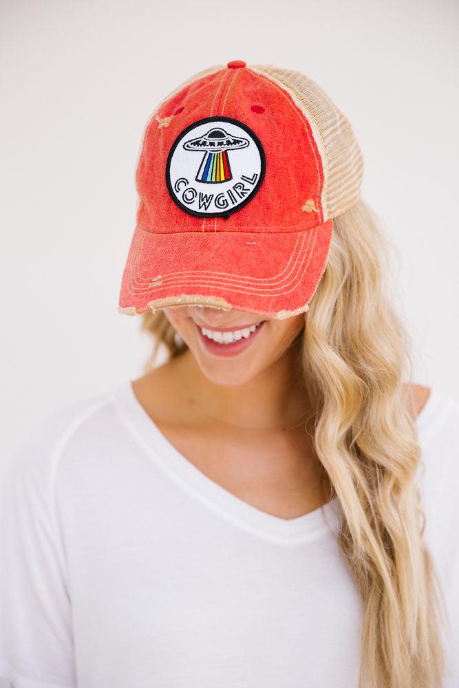 SPACE COWGIRL PATCH HAT Hats Judith March RED DISTRESSED  