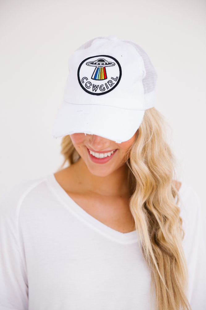 SPACE COWGIRL PATCH HAT Hats Judith March WHITE DISTRESSED  