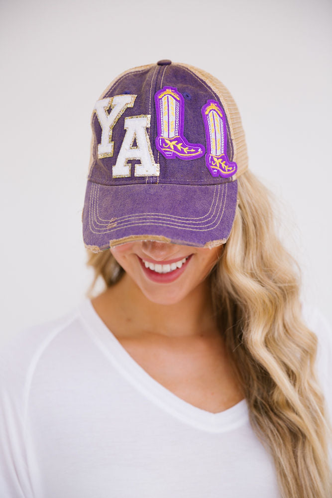 Y'ALL GAMEDAY TRUCKER HAT HAT Judith March PURPLE DISTRESSED  