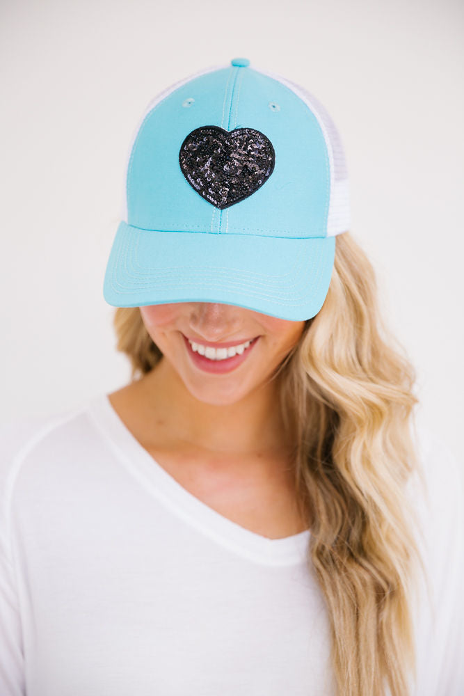 BLACK SEQUIN HEART PATCH HAT