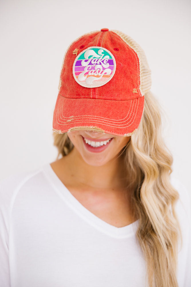 METALLIC TAKE IT EASY PATCH HAT Hats Judith March RED DISTRESSED  