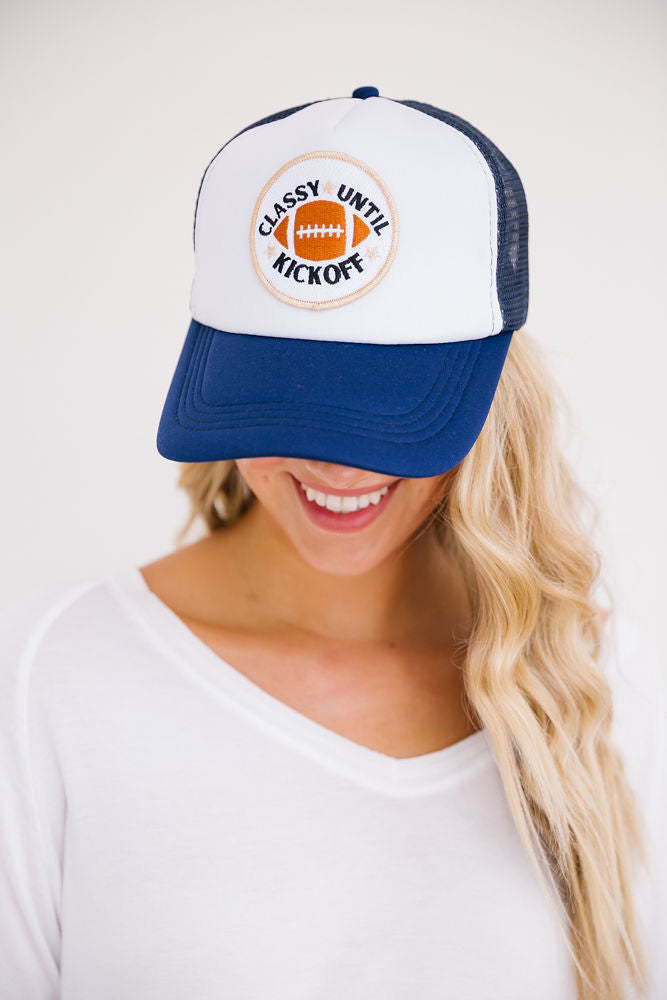CLASSY UNTIL KICKOFF PATCH HAT Hats Judith March NAVY/ WHITE TRUCKER  